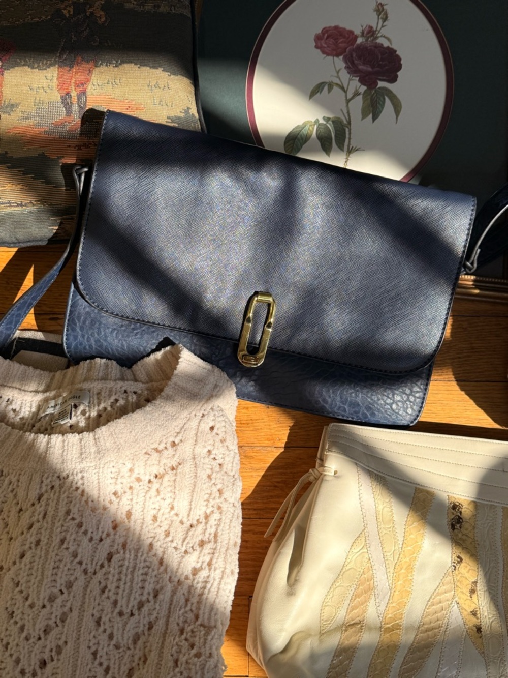 French Connection VTG Classic Navy Crossbody Bag with Gold Accent